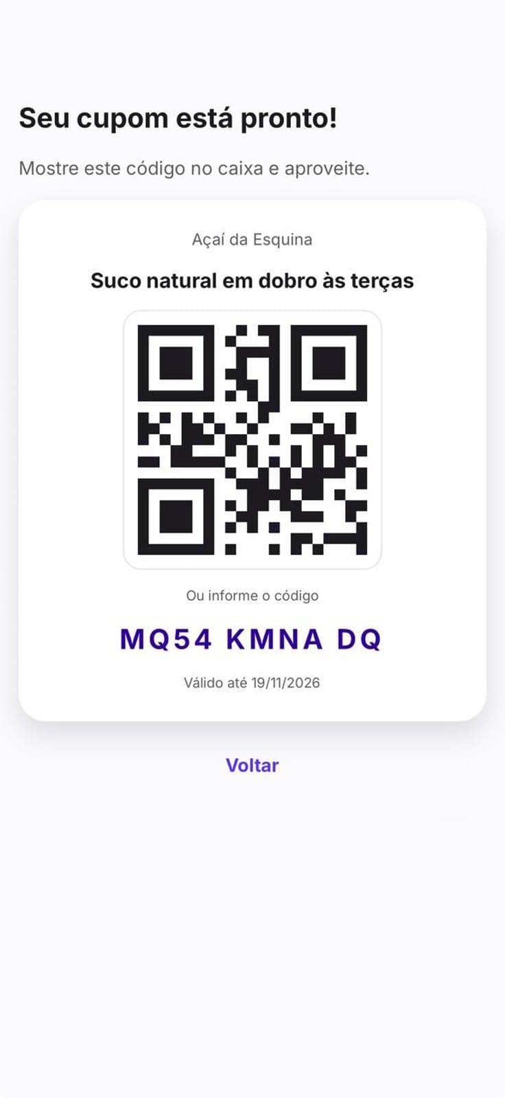 Tela do cupom pronto, com o QR Code e o código de 10 caracteres