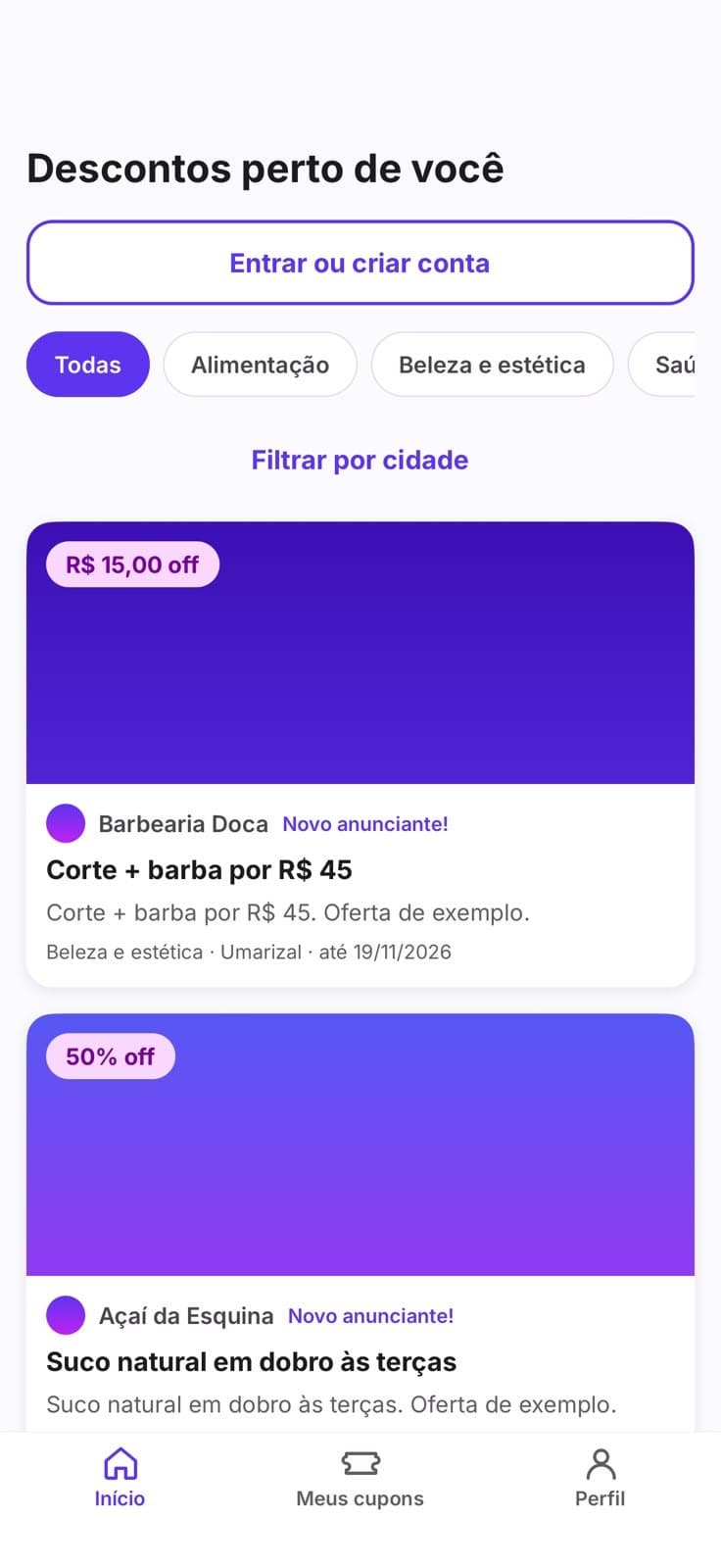 Tela inicial do app Discontapp, com as ofertas perto de você
