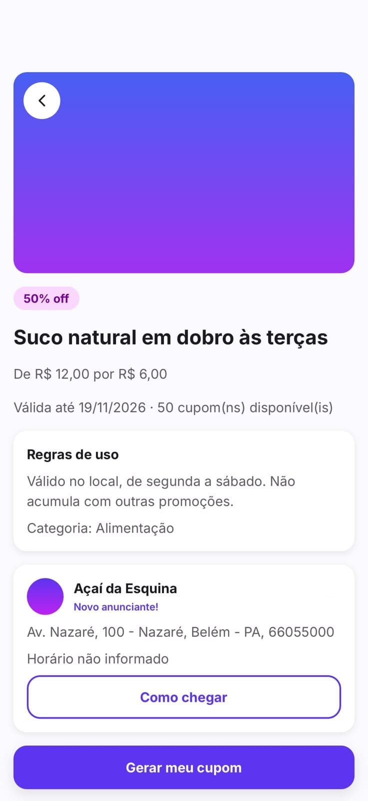 Tela de uma oferta no app, com preço, regras de uso e endereço