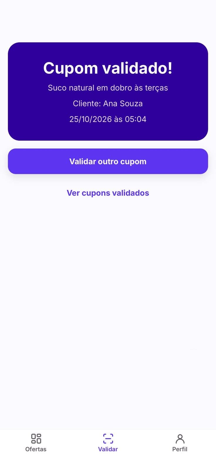 Tela de cupom validado no app do estabelecimento